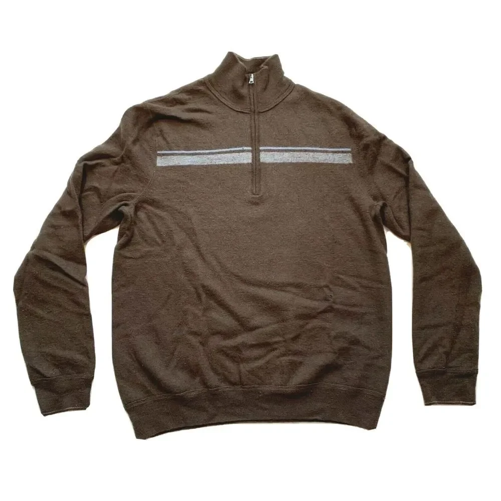 Banana Republic 100% Wool Sweater Pullover Knit 1/4 Zip‎ Striped Thick Brown XL